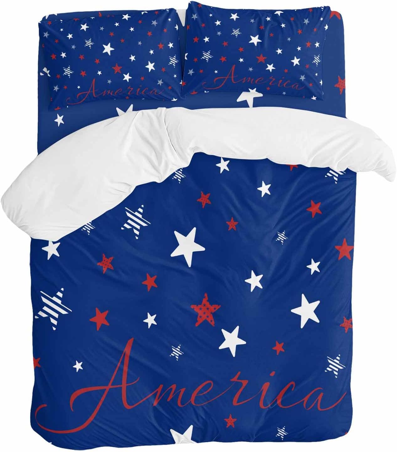 Independence Day Duvet Cover Set Queen Size 4 Pieces Blue White Pentagram America Blue Background Bedding Set with Zipper Closure, 1 Comforter Cover 92x106 Inches 1 Flat Sheet & 2 Pillow Cases