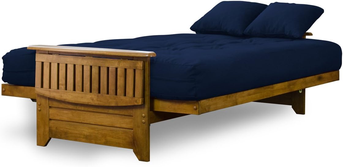 Nirvana Futons Brentwood Tray Arm Futon Frame, Drawers, and Navy Blue Mattress Set - Full, Rich Heritage Finish
