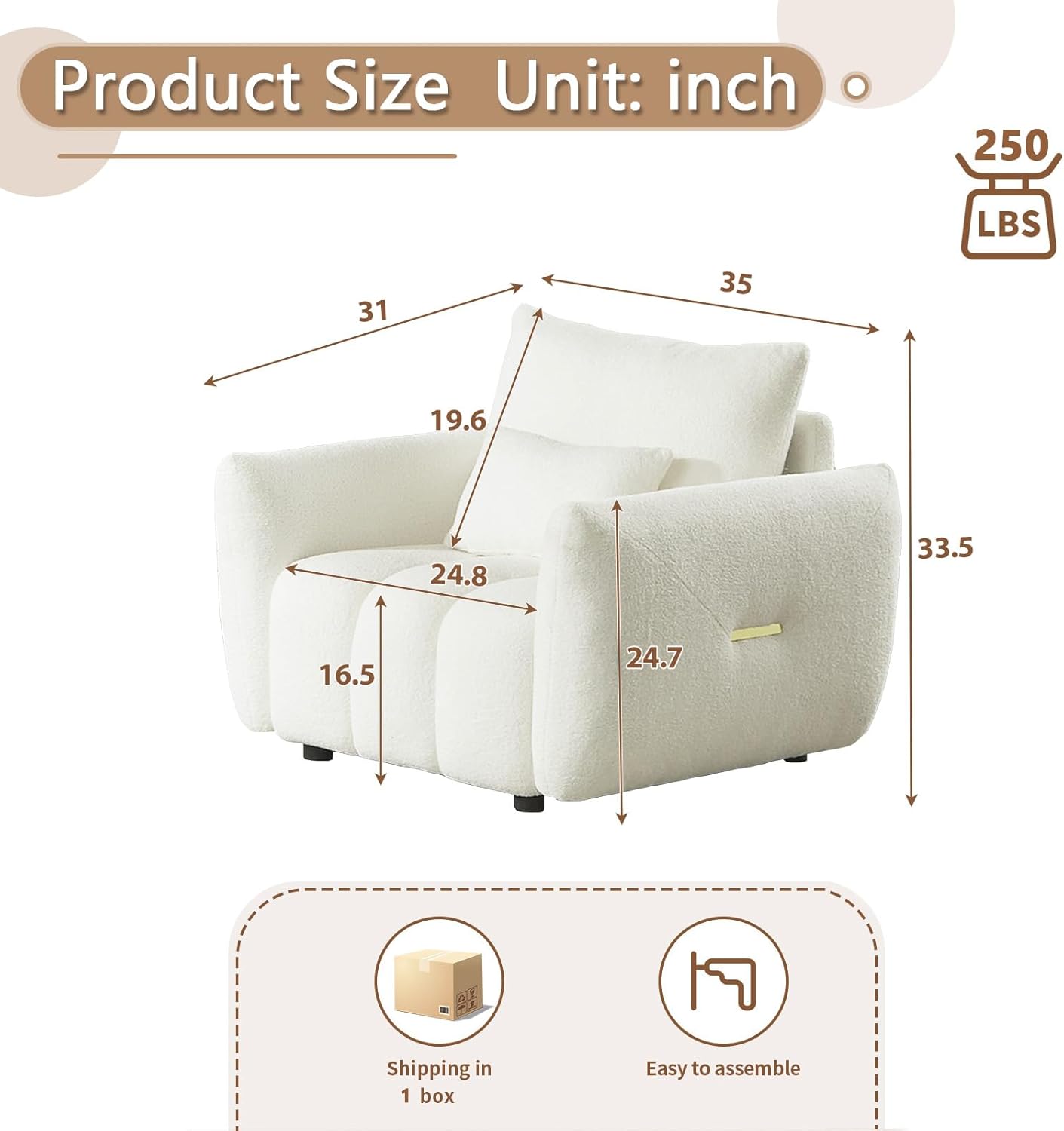 Antetek 35' Modern Accent Single Sofa Chair, Comfy Deep Seat Teddy Living Room Chair, Leisure Boucle Reading Sofa Arm Chair for Bedroom, Office, Apartment, Beige