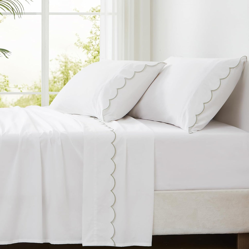 Lush Decor Coastal Chic Scalloped Edge Cotton Sheet Set 4 Piece Set Queen Sage - White Sheets - Scallop Trim - Bed Sheets - Coastal Decor
