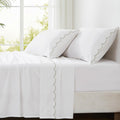 Lush Decor Coastal Chic Scalloped Edge Cotton Sheet Set 4 Piece Set King Sage - White Sheets - Scallop Trim - Bed Sheets - Coastal Decor