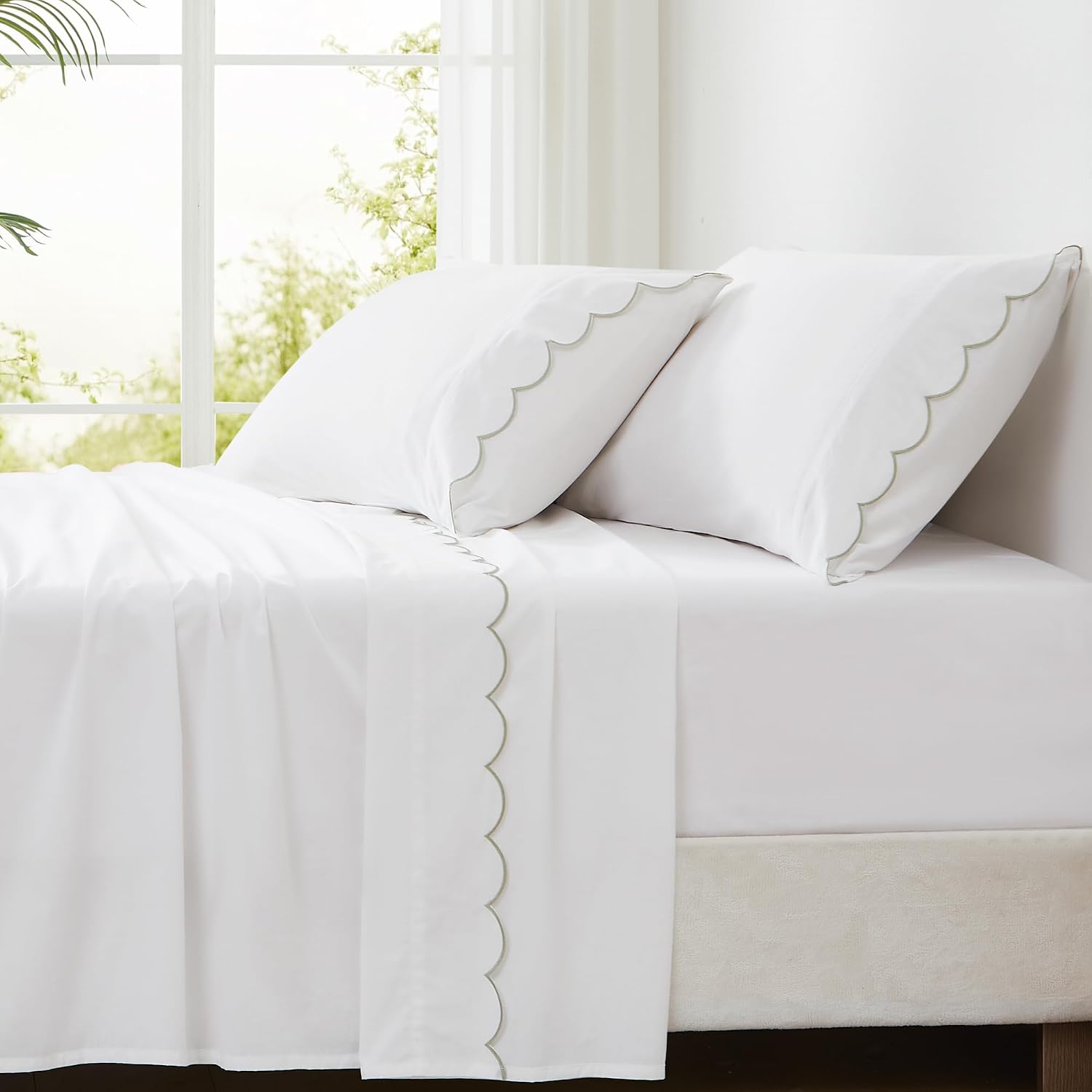 Lush Decor Coastal Chic Scalloped Edge Cotton Sheet Set 4 Piece Set King Sage - White Sheets - Scallop Trim - Bed Sheets - Coastal Decor