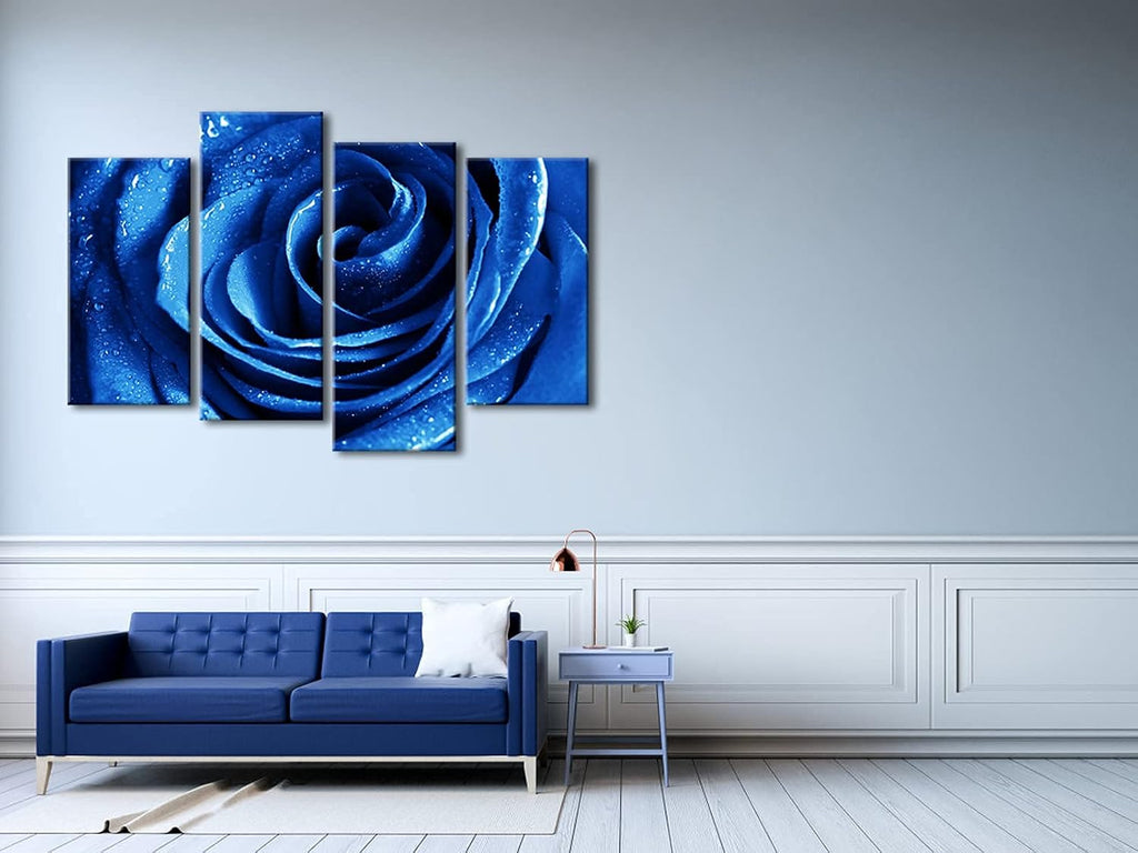 Wieco Art Blue Rose Canvas Prints Wall Art Abstract Romantic Flower Pictures Paintings for Living Room Bedroom Decorations Wall Decor Large 4 Piece Modern Stretched Artwork
