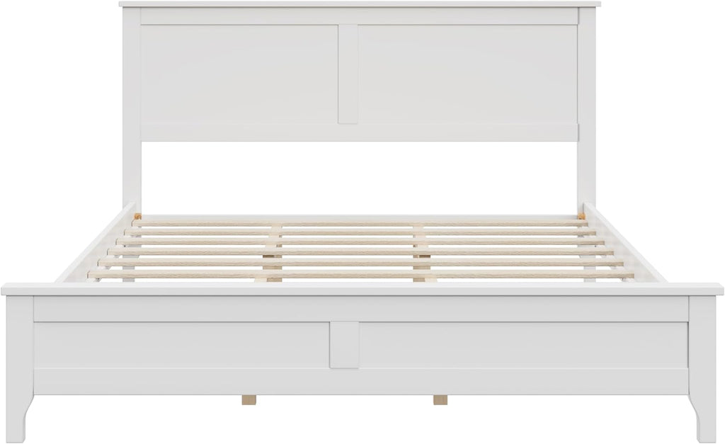 12 Inch Deluxe Queen Size Bed Frame with Headboard, Mid Century Retro Style White Wood Platform Beds Frames, No Box Spring Needed, 13 Strong Wooden Slat Support, Easy Assembly (White, Queen)