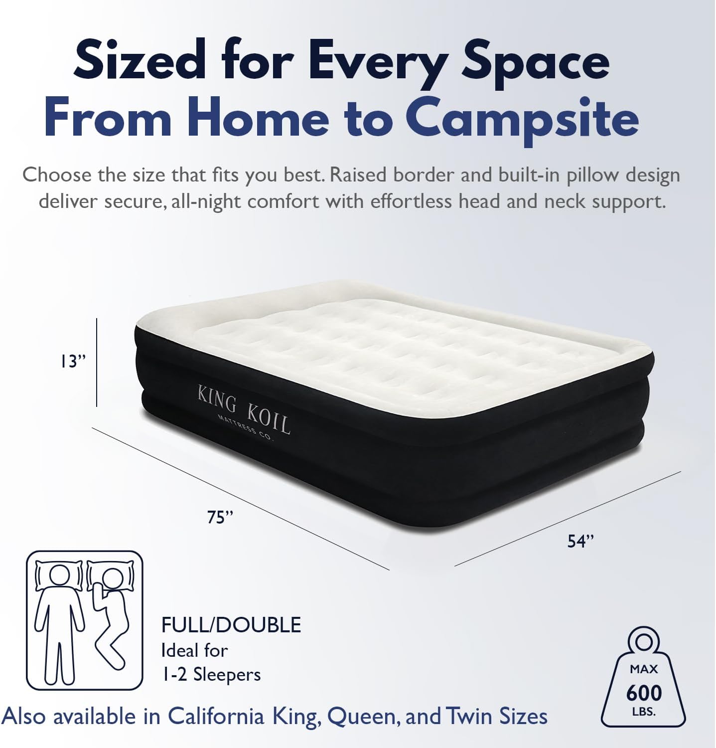 King Koil Full Size Plush Pillow Top Inflatable Air Mattress with Built-in Pump High-Speed Pump for Home, Camping, Guests, Luxury Double High Adjustable Blow Up Bed, Waterproof, 1-Year Warranty.