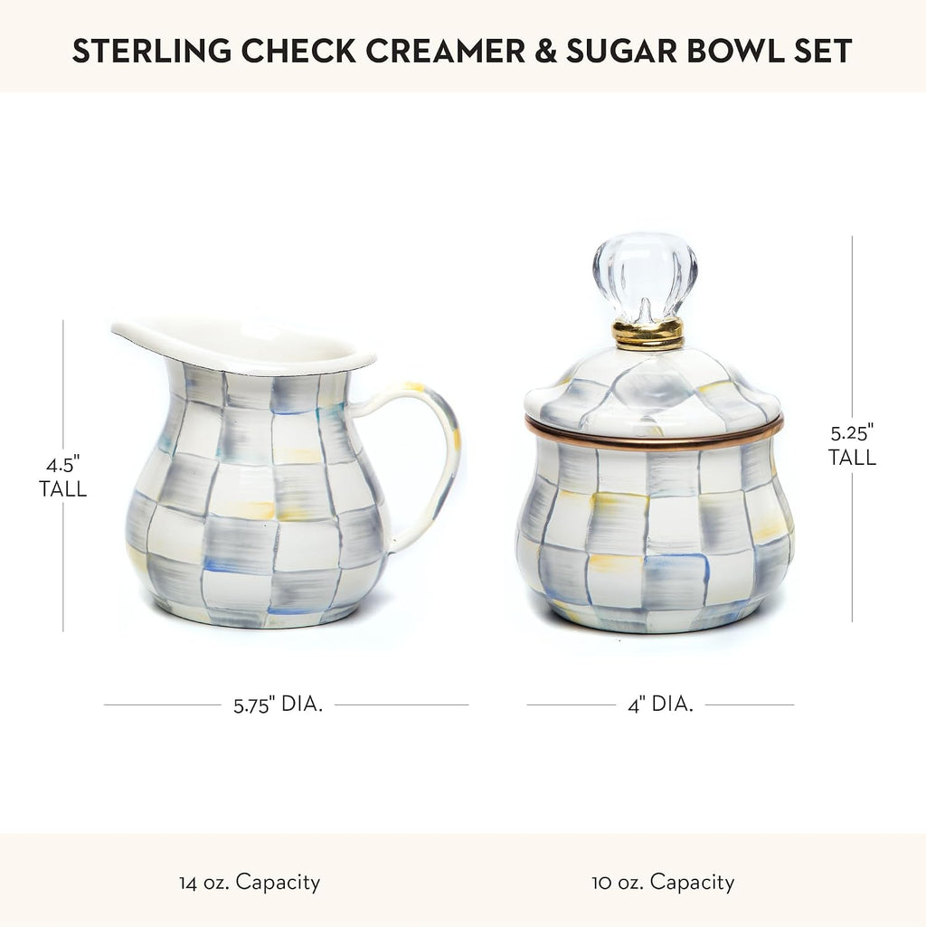MACKENZIE-CHILDS Enamel Creamer and Sugar-Bowl Set, Cream Dispenser and Sugar Holder, Unique Kitchen Decor, Gray-and-White Sterling Check