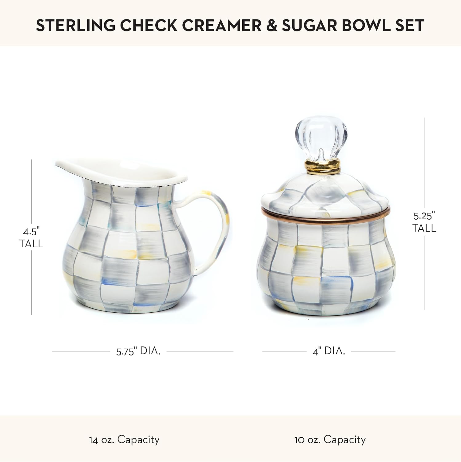 MACKENZIE-CHILDS Enamel Creamer and Sugar-Bowl Set, Cream Dispenser and Sugar Holder, Unique Kitchen Decor, Gray-and-White Sterling Check