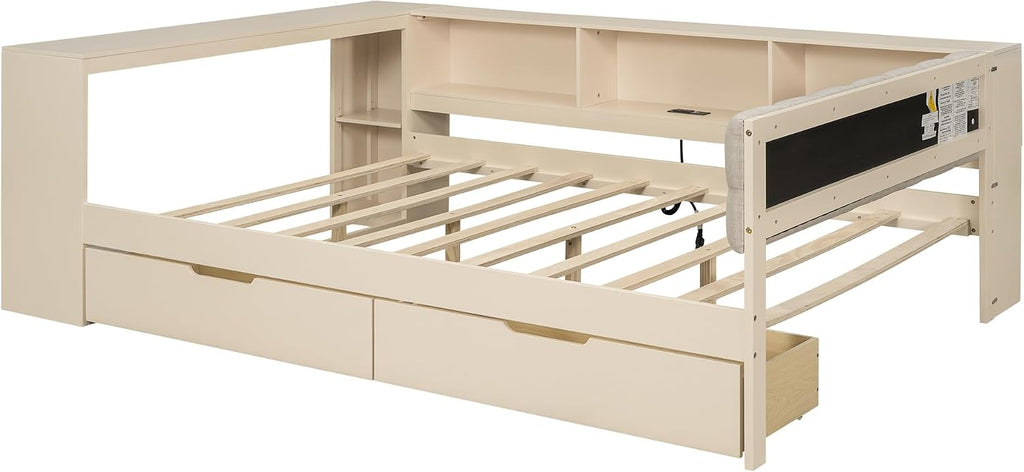 Ball & Cast Wood Full Size Platform Bed with Storage Shelves and Drawers,Multiple Bed Frame w/Charging Station & Upholstered Headboard,Bedroom Furniture Bedframe for Apartment,Cream