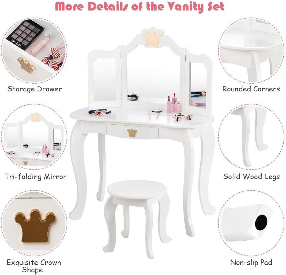 Costzon Kids Vanity & Jewelry Armoire Cabinet, Kids Vanity Table and Chair Set, 360° Swivel Standing Jewelry Organizer with Full-Length Mirror & Wheels, Kids Bedroom Furniture Set for Girls (White)