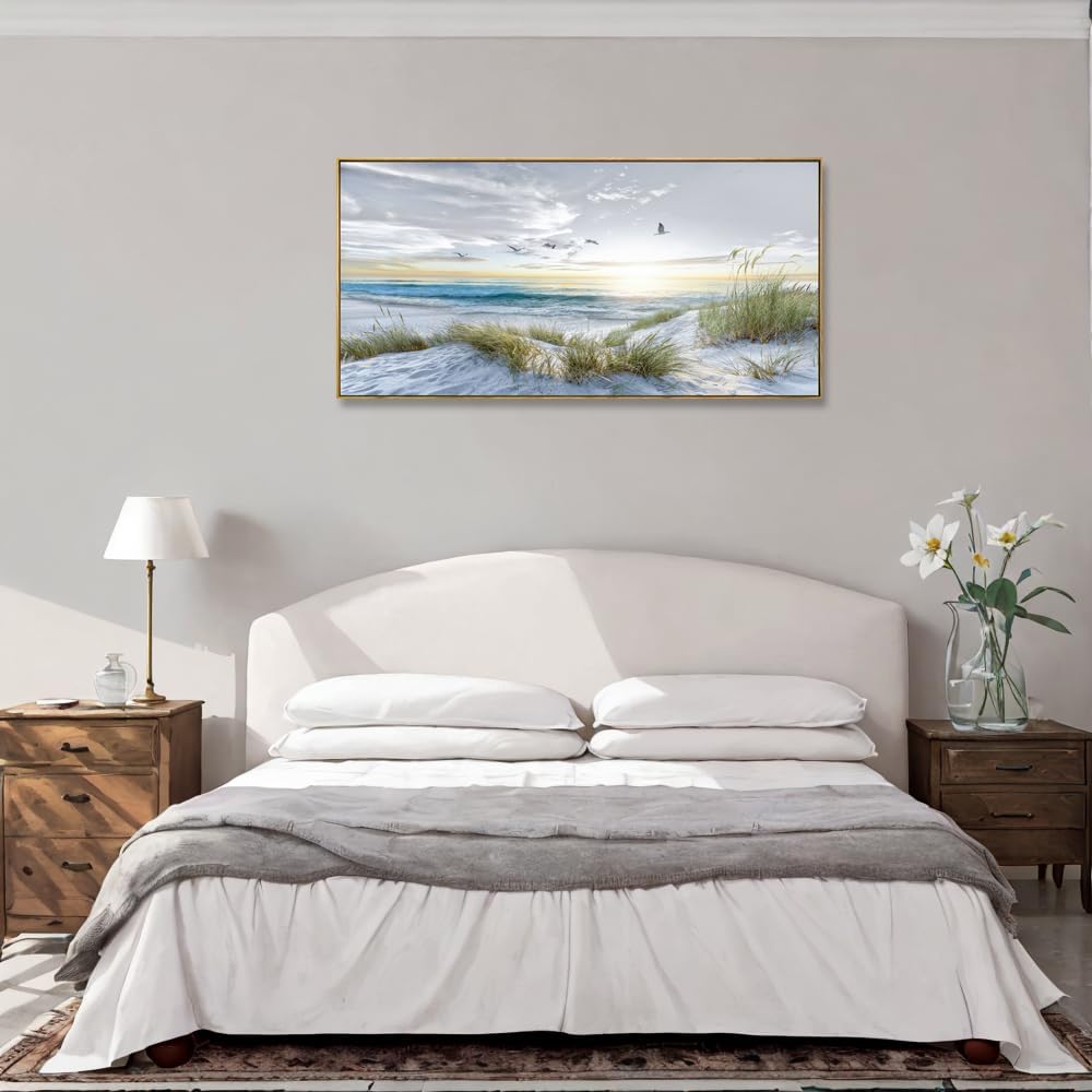 Canvas Prints Wall Art Beach Sunrise Ocean Waves Beach Grass Nature Pictures Stretched Canvas Wooden Framed for living Room Bedroom and Office Home Decor 24'x48' with Framed