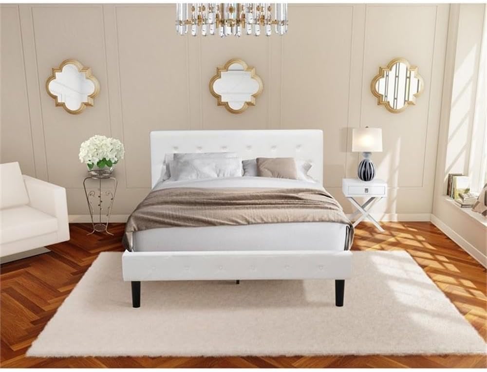 East West Furniture NL19Q-1HA05 2 Piece Modern Bedroom Set - Button Tufted Bed Frame - Linen white Velvet Fabric Upholstered Headboard and a Linen white Finish Nightstand
