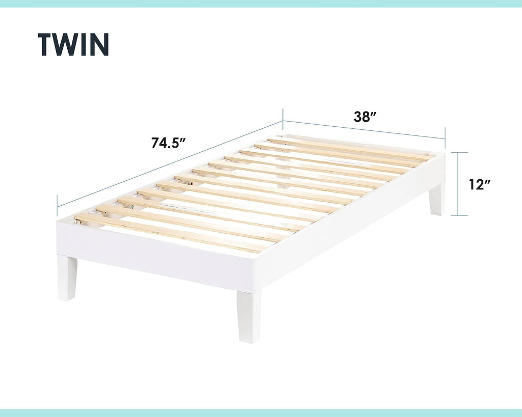Mellow Naturalista Grand 12 Inch Solid Wood Platform Bed with Wooden Slats, Easy Assembly, Twin, White