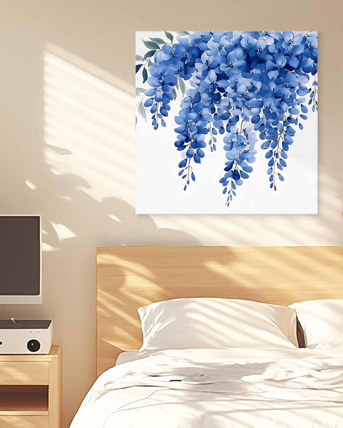 Blue Floral Canvas Wall Art - Vintage Watercolor Spring Gradient Blue Flowers Green Leaf - Modern Wall Decor Gallery Canvas Wraps Giclee Print Stretched and Framed Ready to Hang - 24' x 24'