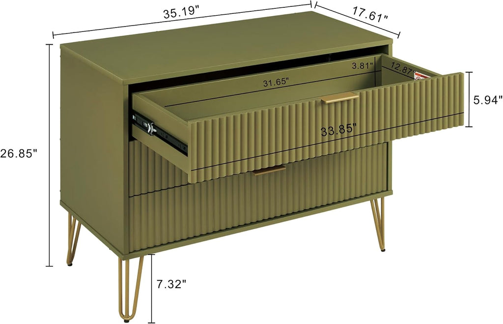 Manhattan Comfort Dumbo Modern 3 Drawer Dresser with Fluted Ribbed Front, No Tool Assembly, Hairpin Splayed Gold Metal Legs, Storage Chest, Entryway Cabinet for Bedroom, Living Room in Olive Green