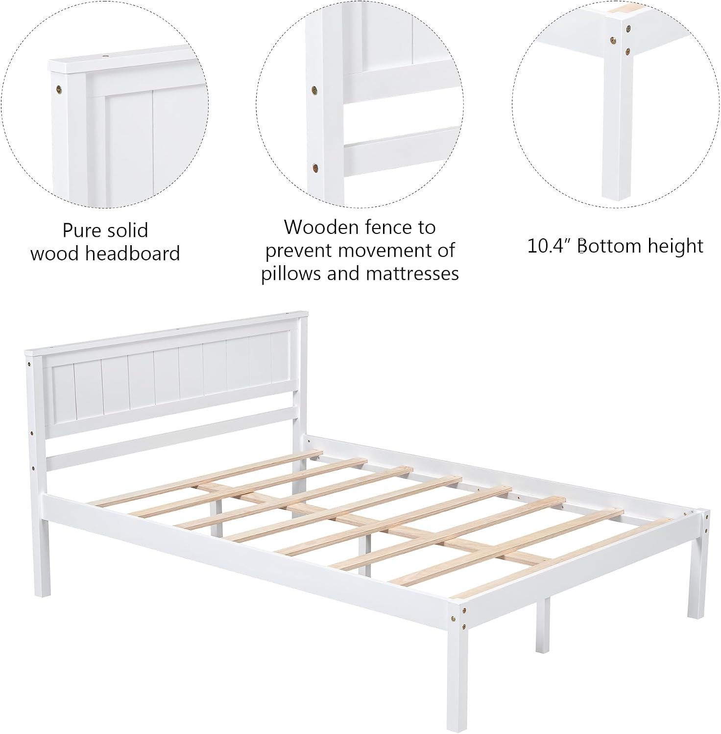 Wood Platform Bed, Bed Frame with Headboard, Wood Slat Support, No Box Spring Needed, Full, White