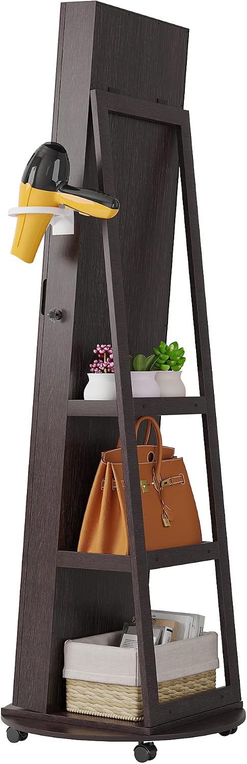 HNEBC 360° Swivel Jewelry Armoire with Mirror, LED Mirror Jewelry Cabinet Standing, Full Length Mirror with Jewelry Storage, Standing Jewelry Organizer/Lockable Wheels/Foldable Makeup Shelf(Brown)