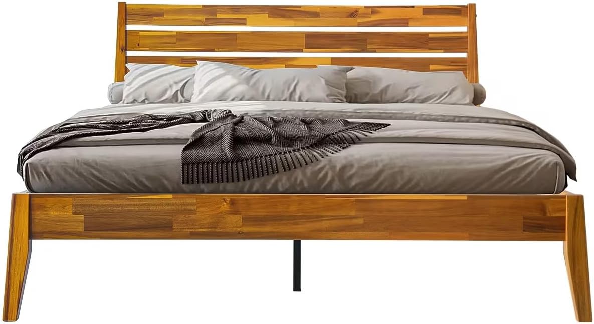 Full Size Platform Bed Frame with Solid Wood Headboard & Footboard, 12 Durable Slatted Base with Center Metal Legs, No Box Spring Needed, Anti-Noise & Slip-Free, Acacia Honey Finish. RKF-38