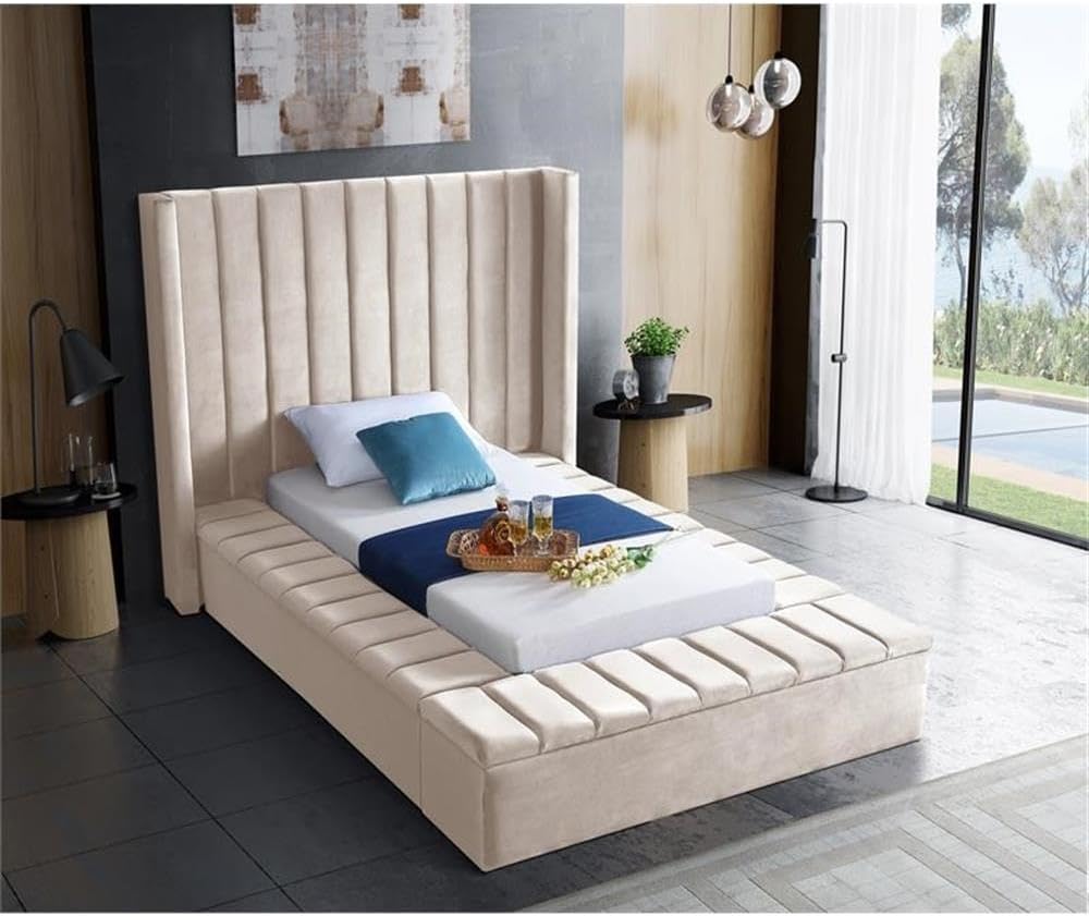 Meridian Furniture Kiki Collection Modern | Contemporary Velvet Upholsterd Bed with Channel Tufting, Siderails and Footboard Storage Compartments, Twin, Cream