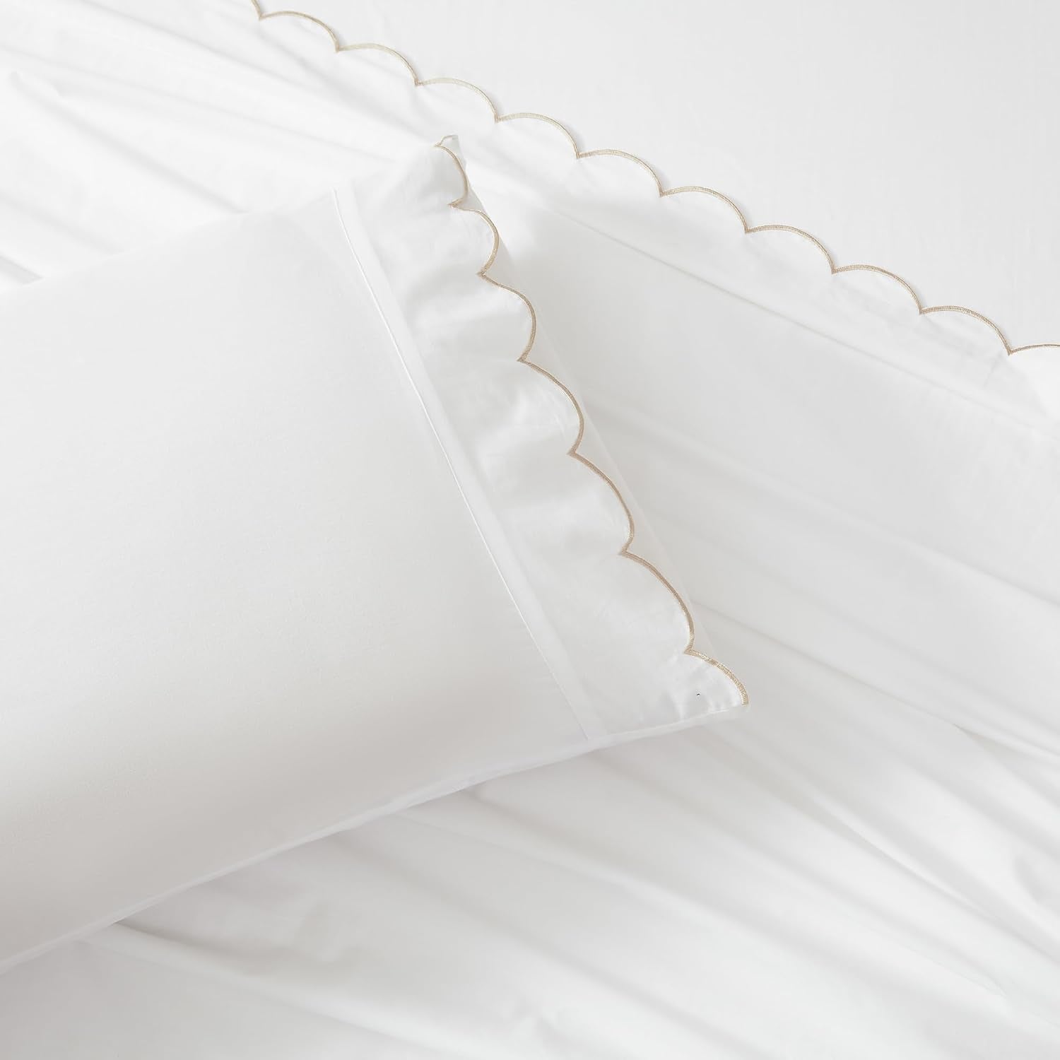 Lush Decor Coastal Chic Scalloped Edge Cotton Sheet Set 4 Piece Set Queen Neutral - White Sheets - Scallop Trim - Bed Sheets - Coastal Decor