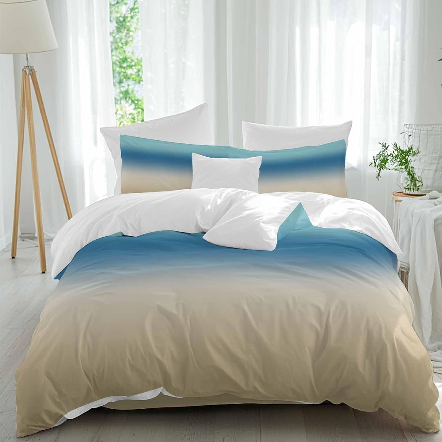 Prime Leader Gradient Blue Duvet Cover Set Queen Size 4 Pieces Modern Minimalist Blue Brown Ocean Beach Bedding Set with Zipper Closure, 1 Comforter Cover 92x106 Inches 1 Flat Sheet & 2 Pillow Cases