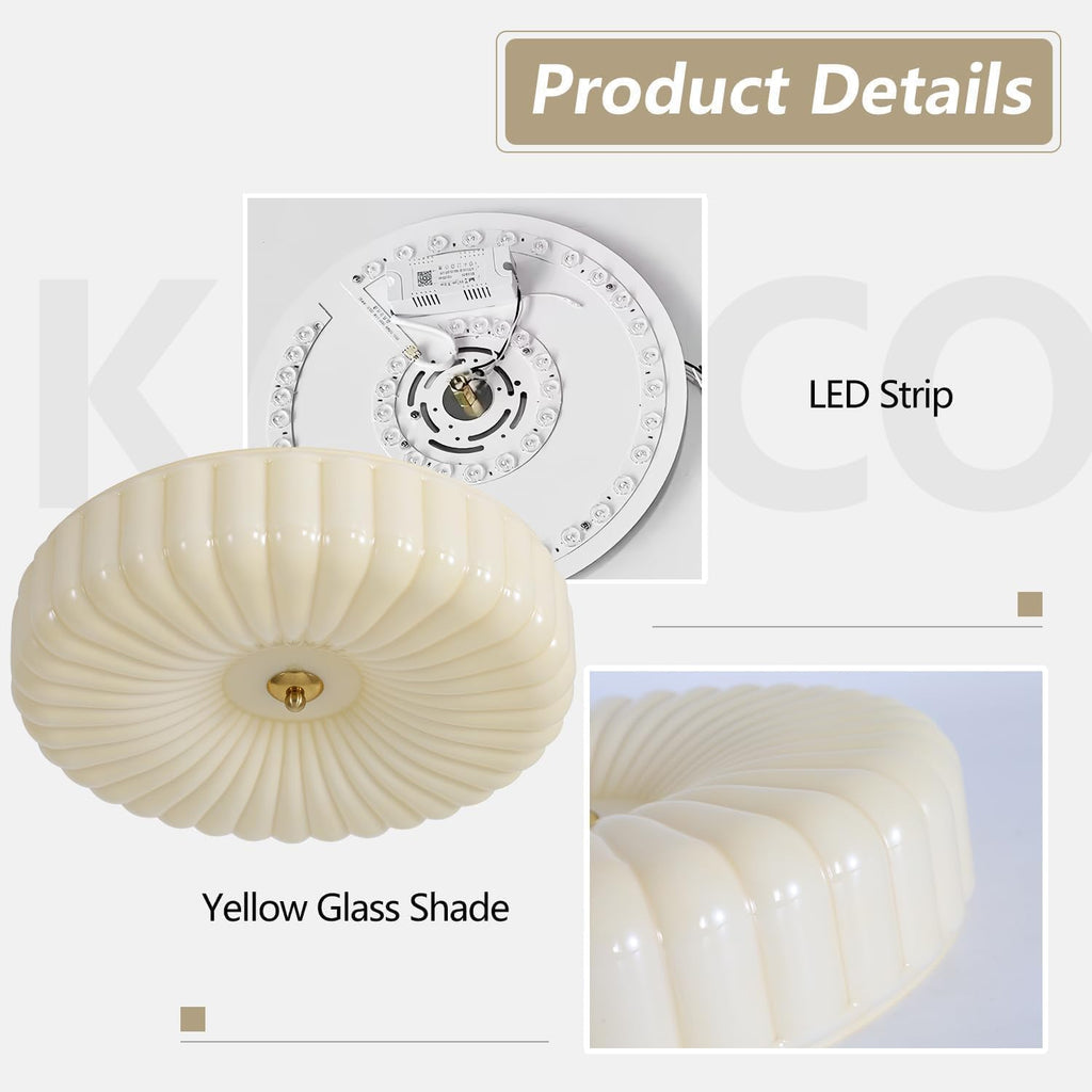 KCO Lighting Round Large LED Flush Mount Ceiling Light Yellow Ribbed Glass Flush Mount Light Mid Century Modern Bedroom Ceiling Lamp Unique Entryway Ceiling Light Fixtures