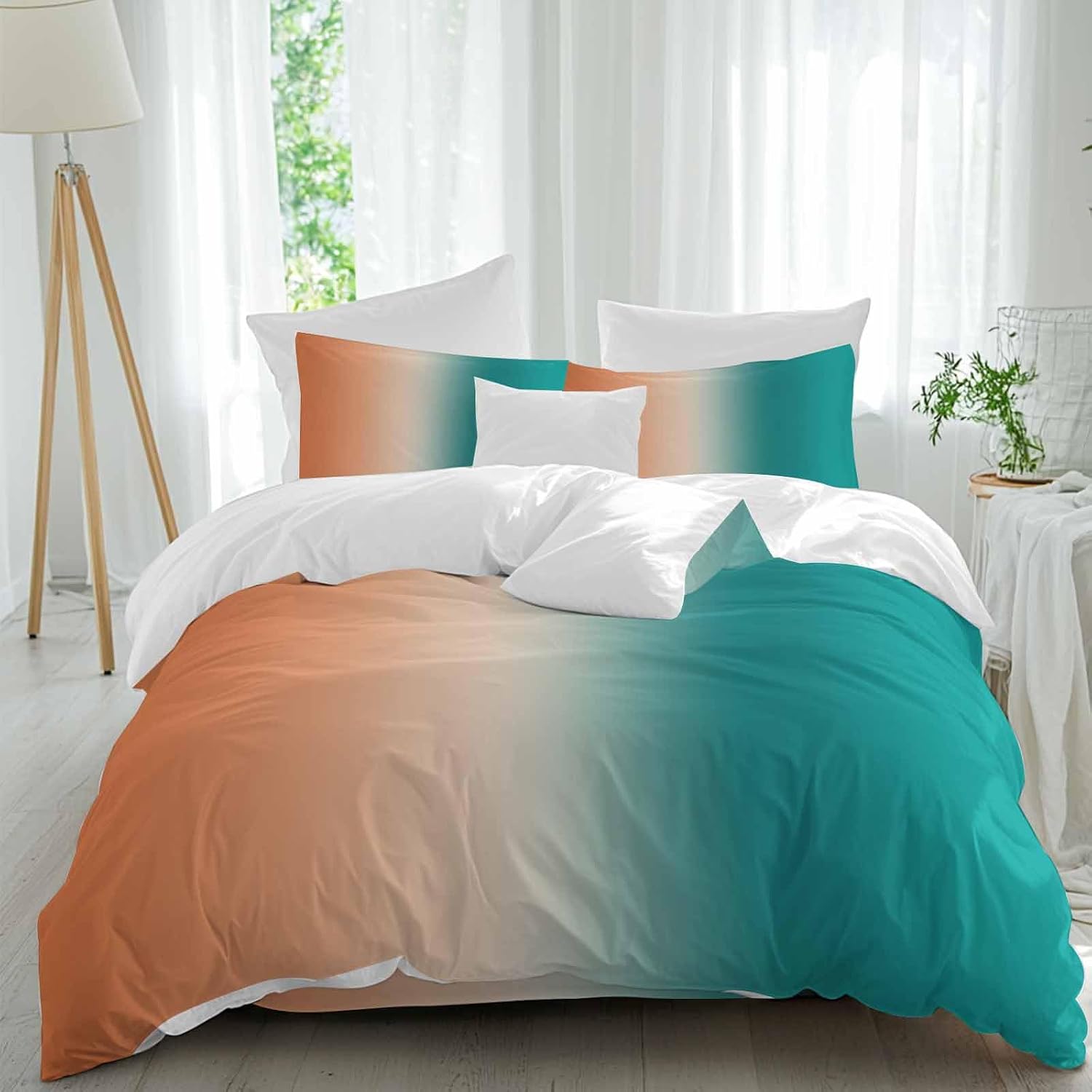 Gradient Green Orange Duvet Cover Set Queen Size 4 Pieces Modern Abstract Minimalist Teal Brown Ocean Beach Bedding Set with Zipper Closure,1 Comforter Cover 92x106 Inches 1 Flat Sheet&2 Pillow Cases