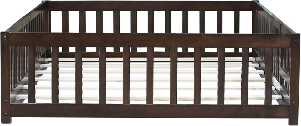 PVWIIK Full Size Floor Bed with Fence and Door,Easy to Assemble Wood Bedstead,Platform Bed w/Safety Guardrails/Near the Ground,Espresso