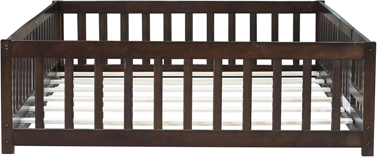 PVWIIK Full Size Floor Bed with Fence and Door,Easy to Assemble Wood Bedstead,Platform Bed w/Safety Guardrails/Near the Ground,Espresso