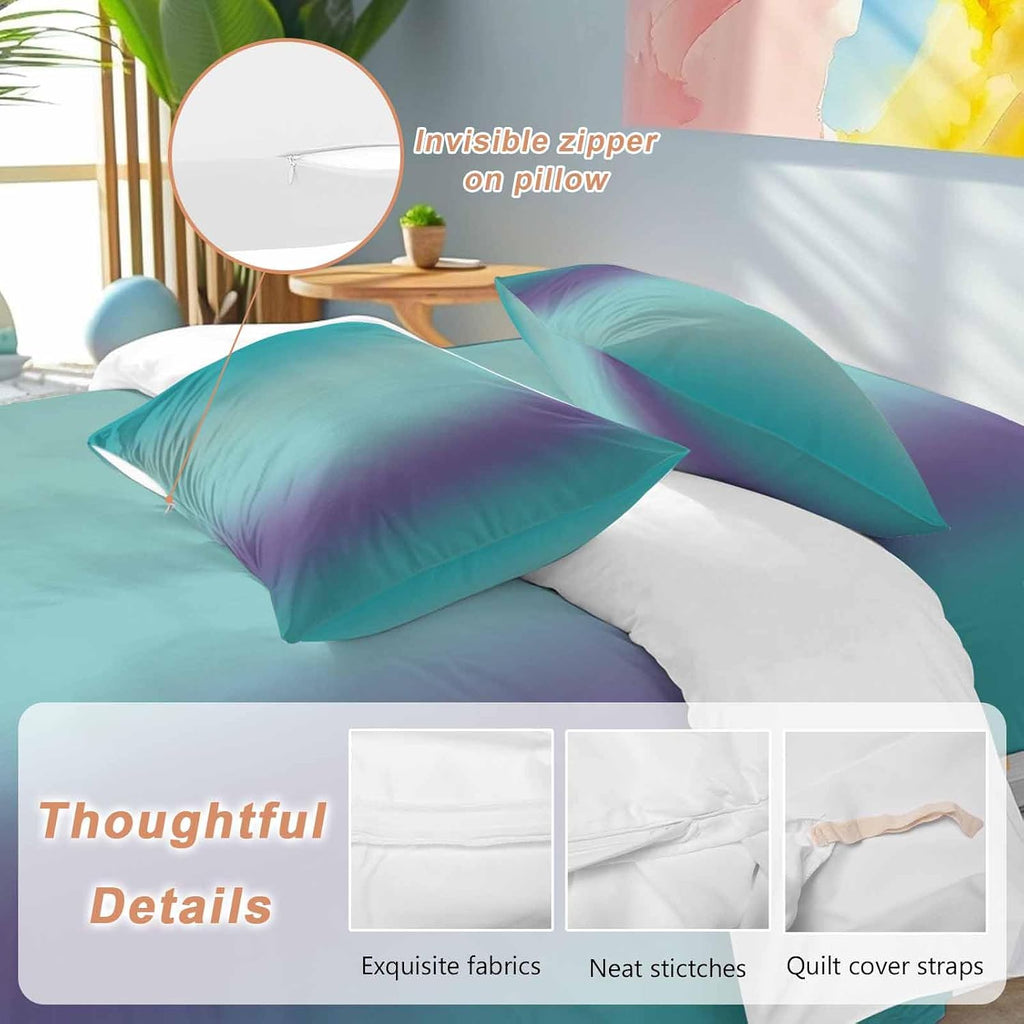Gradient Green Purple Duvet Cover Set Queen Size 4 Pieces Modern Abstract Minimalist Teal Ocean Beach Bedding Set with Zipper Closure, 1 Comforter Cover 92x106 Inches 1 Flat Sheet & 2 Pillow Cases