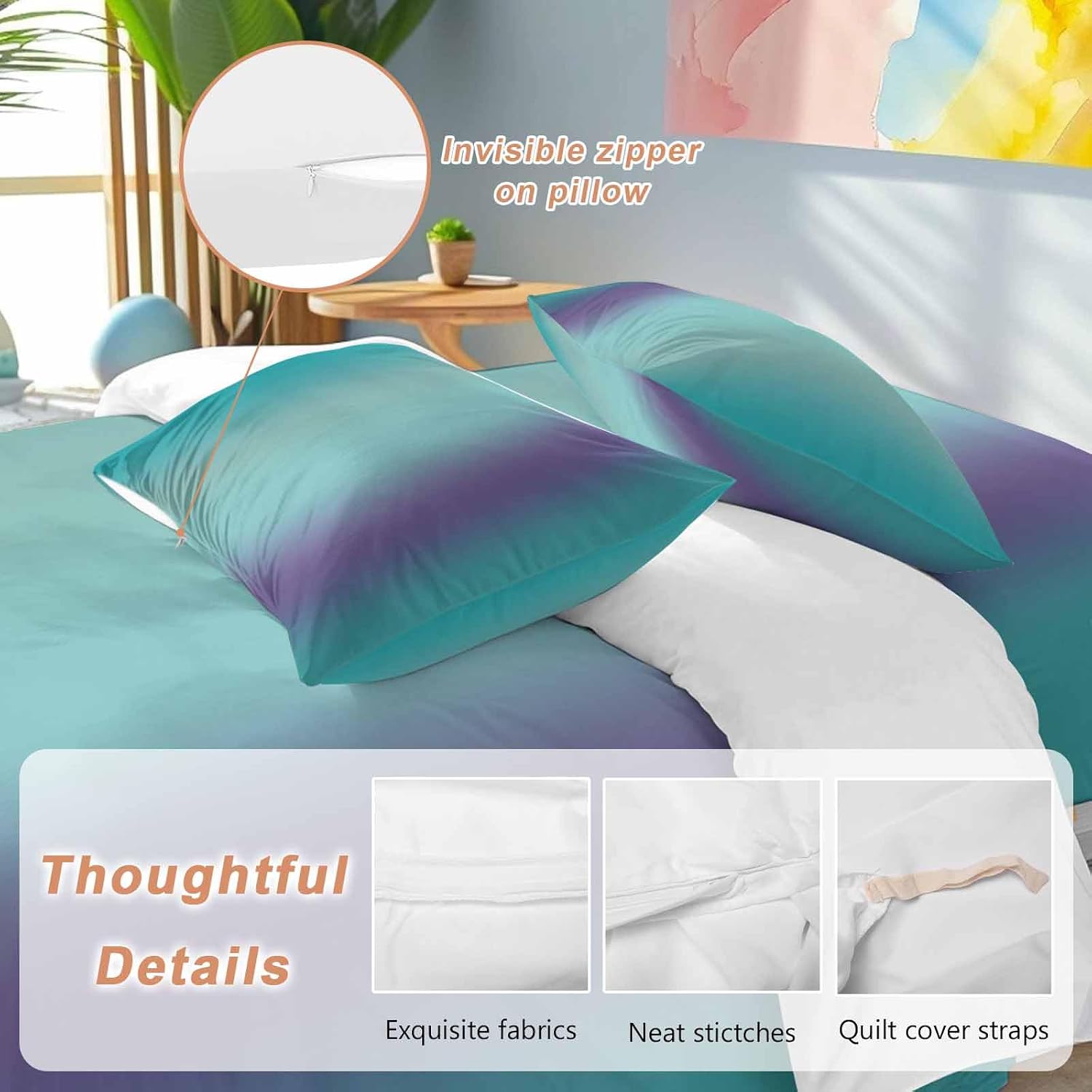 Gradient Green Purple Duvet Cover Set Queen Size 4 Pieces Modern Abstract Minimalist Teal Ocean Beach Bedding Set with Zipper Closure, 1 Comforter Cover 92x106 Inches 1 Flat Sheet & 2 Pillow Cases