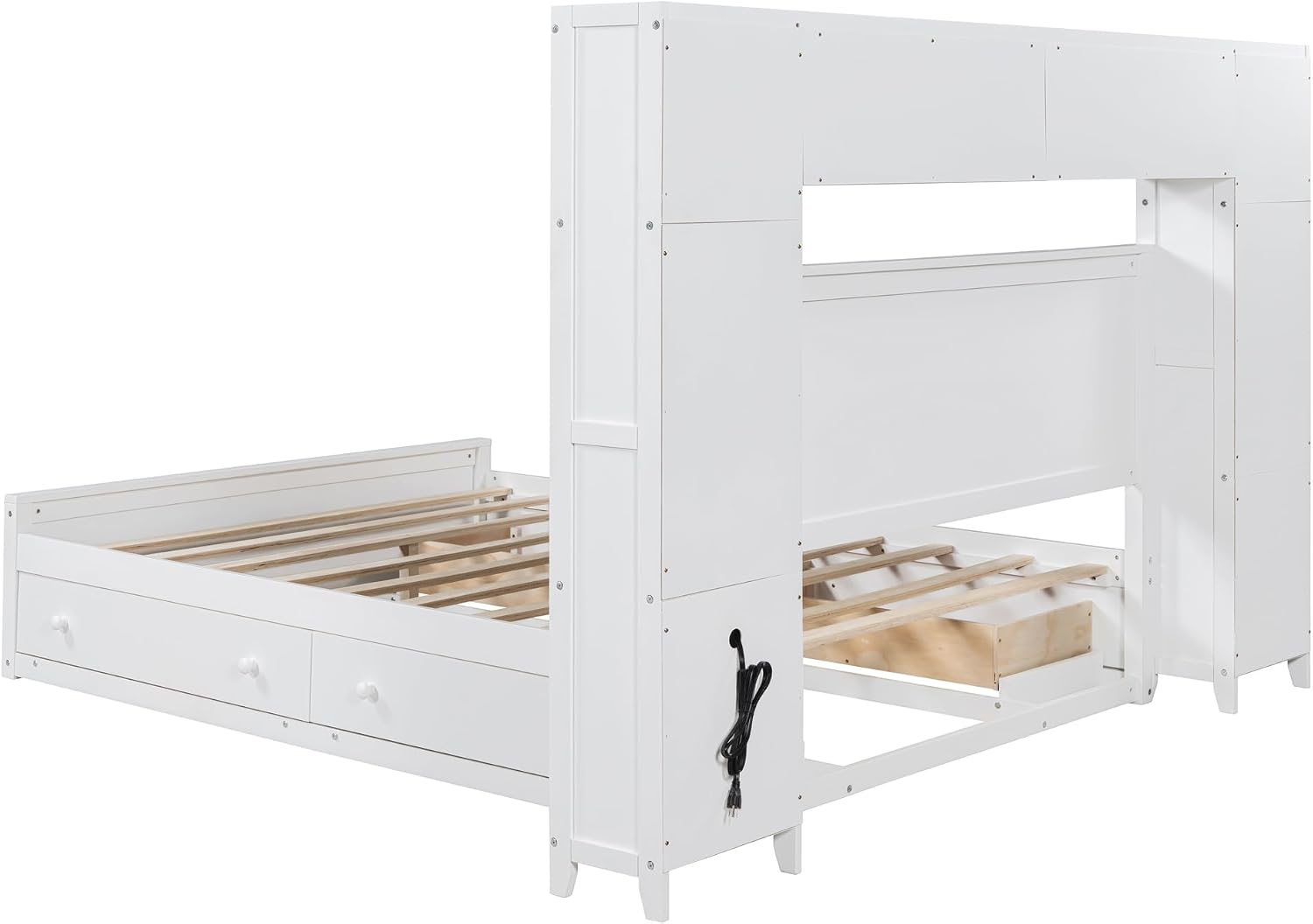 Merax Queen Size Wooden Bed with All-in-One Cabinet, White Platform Bed Frame with 4 Drawers, Shelf and Sockets