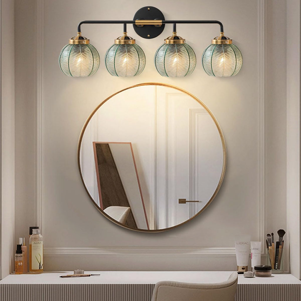4-Lights Bathroom Light fixtures Glass Vanity Light Green Bathroom Sconce Mid Century Modern Wall Lamp,Black Gold Art Deco Vanity Light for Over Mirror Bedroom Hallway Dining Room