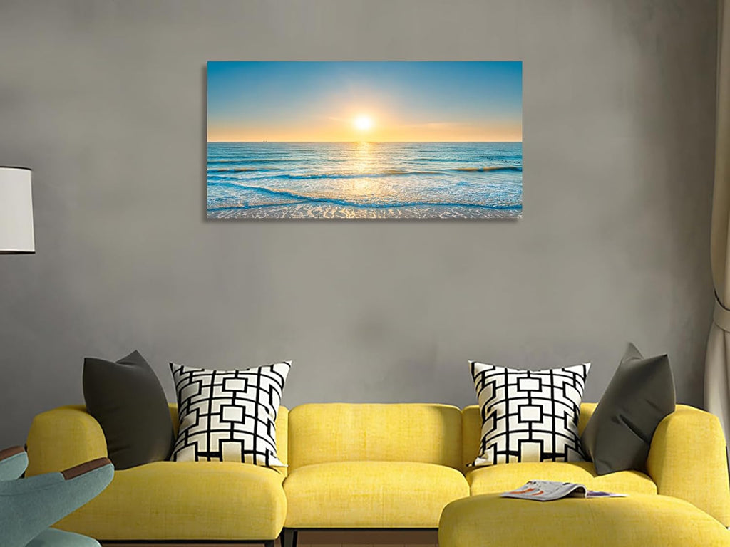 Wall Art Canvas Painting Blue Sea Beautiful Seascape 1 Piece Ocean Sunset Waves Picture Poster Print Framed Ready to Hang for Living Room Bedroom Artework 71x36inch
