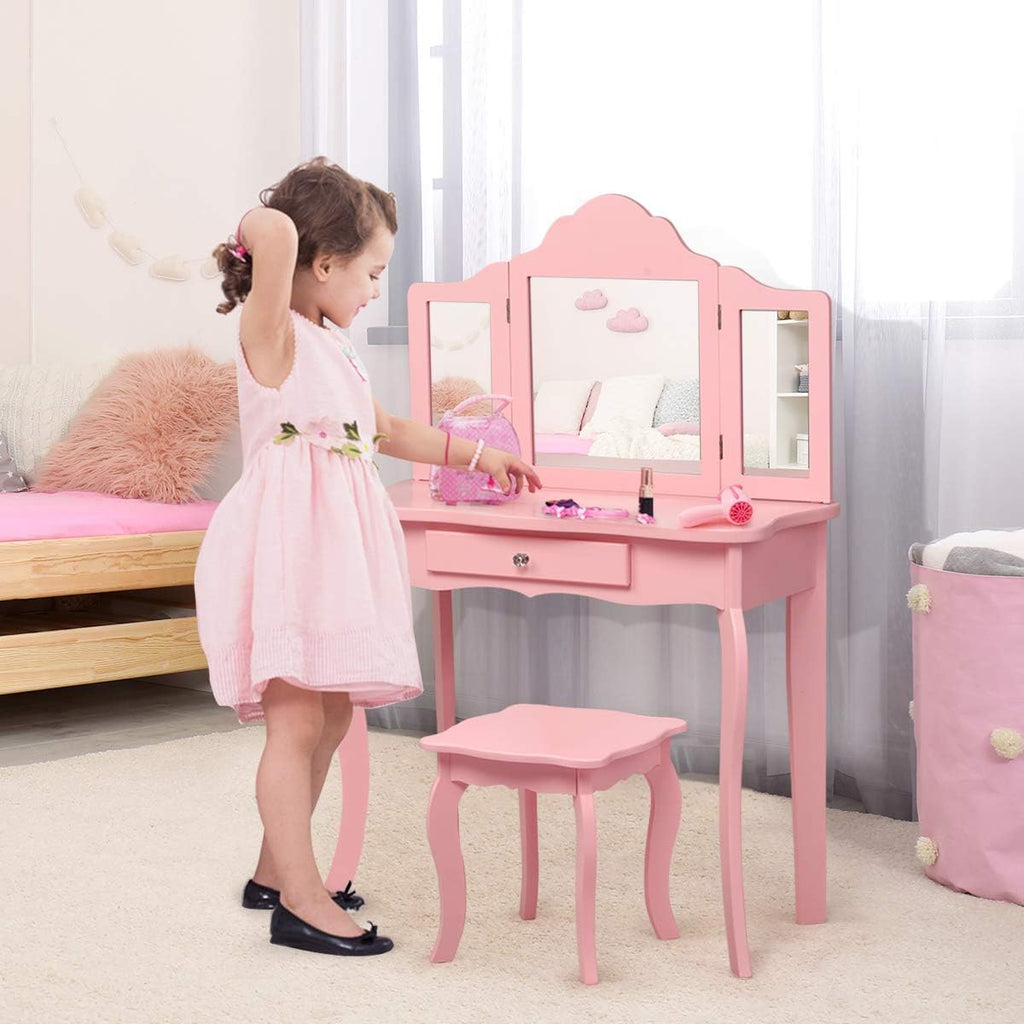 Costzon Kids Vanity & Jewelry Armoire Cabinet, Kids Vanity Table and Chair Set, Makeup Dressing Table, Standing Jewelry Organizer with Full-Length Mirror, Kids Bedroom Furniture Set for Girls (Pink)
