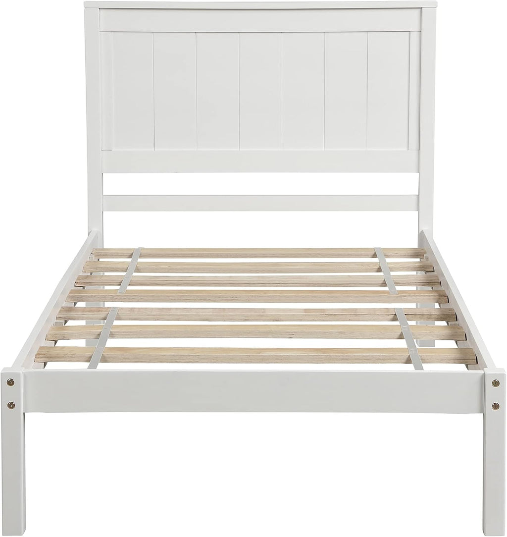 12 Inch Deluxe Twin Size Bed Frame with Headboard, Mid Century Retro Style White Wood Platform Beds Frames, No Box Spring Needed, 13 Strong Wooden Slat Support, Easy Assembly (White, Twin)