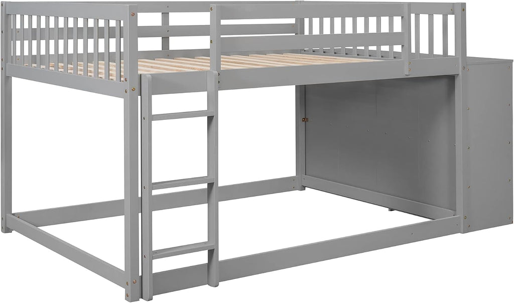 Full-Over-Full Size Bunk Bed, Bedroom Furniture Pine Wood Bed Frame with Storage Drawers and Open Shelves, Drawers and Shelves Set Can Be Moved, for Kids & Teens (Gray)