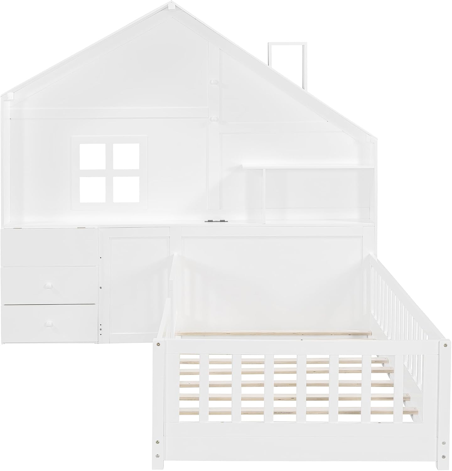 Flieks Twin Size House Bed Frame for Boys Girls Kids Toddler with Window and Bedside Drawers, Platform Bed with Shelves and a Set of Sockets and USB Port, White