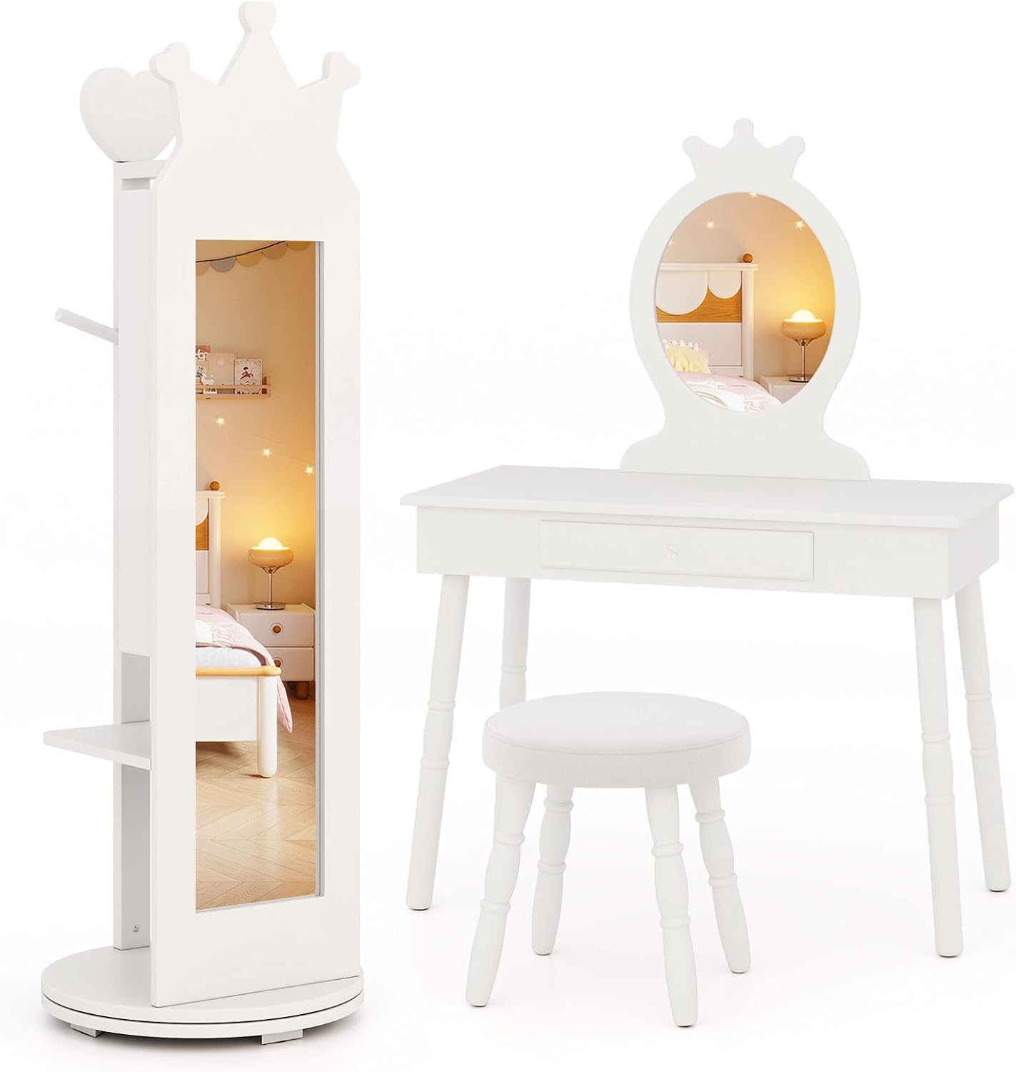GLACER Kids Vanity with Stool, Rotatable Kids Jewelry Armoire, Kids Vanity Table and Chair Set w/Coat Rack, Storage Shelves, Full-Length Mirror, Solid Wood Legs, Kids Bedroom Furniture (White)
