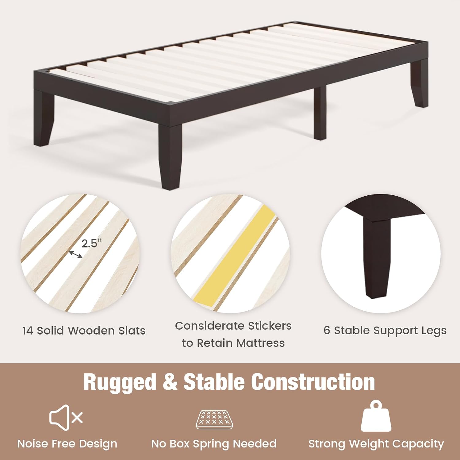 Giantex 14 Inch Twin Wood Platform Bed Frame, Minimalist Mattress Foundation with Solid Rubber Wood, Heavy Duty Wood Slat Support, Without Headboard, Easy Assembly, No Box Spring Needed, Espresso