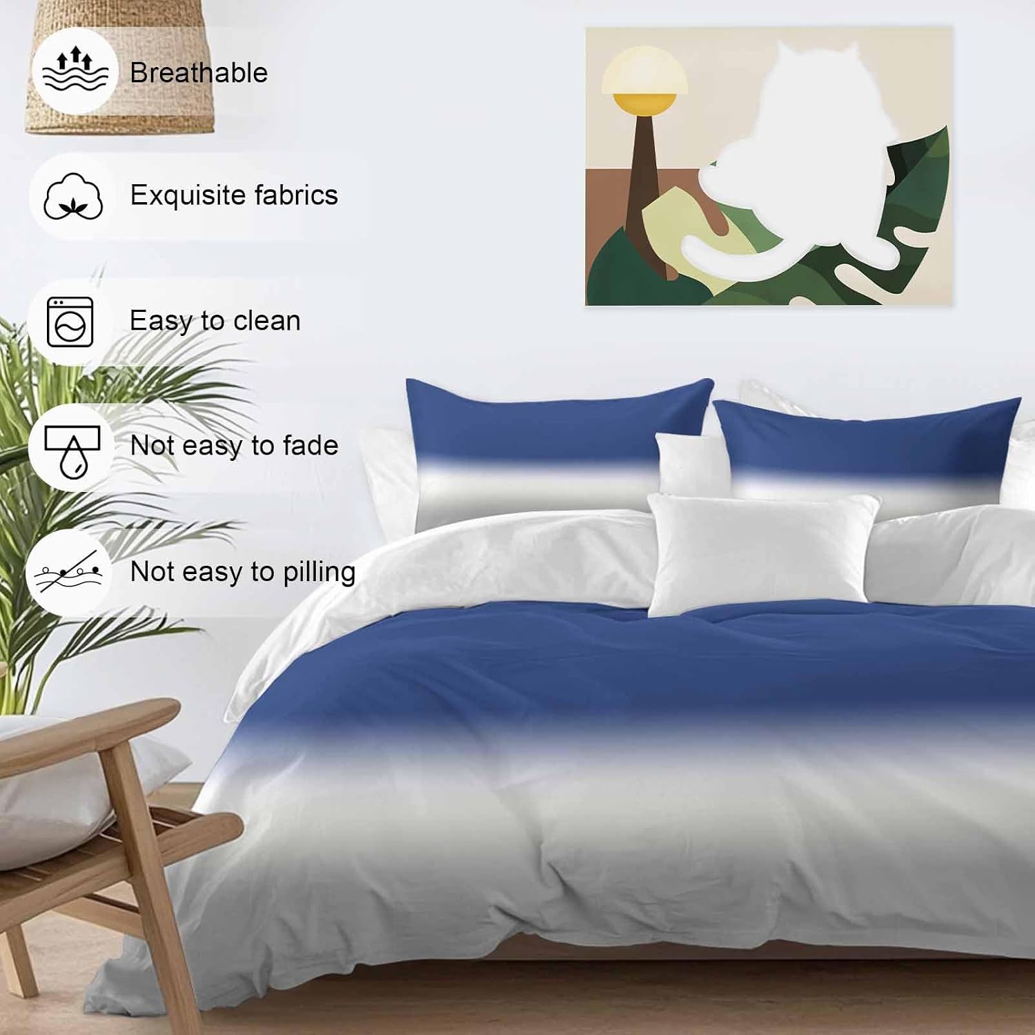 Prime Leader Navy Blue Grey Ombre Duvet Cover Set Queen Size 4 Pieces Modern Abstract Gray Gradient Bedding Set with Zipper Closure, 1 Comforter Cover 92x106 Inches 1 Flat Sheet & 2 Pillow Cases