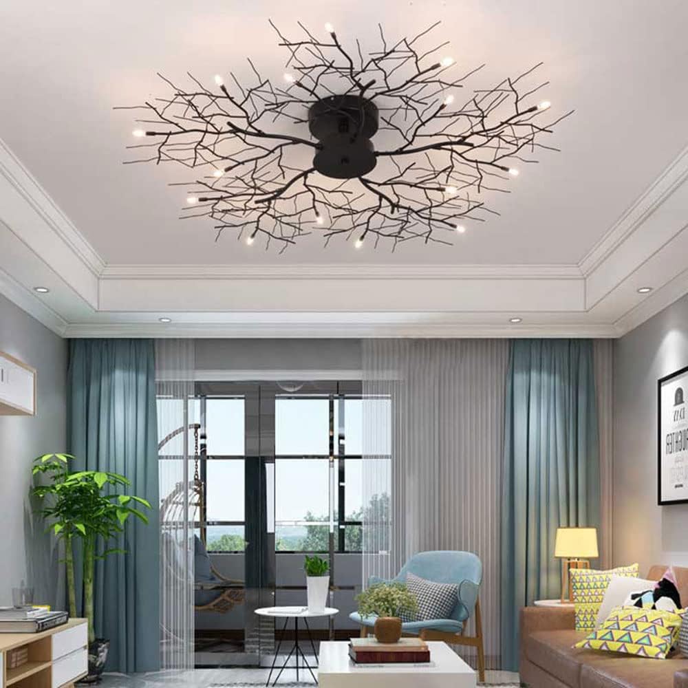 44' Large Semi Flush Mount Ceiling Light Fixture,Black Modern Chandelier with Branch Shapes,15-Lights Industrial Close to Ceiling Light Fixtures for Living Room Bedroom Kitchen Dining Room