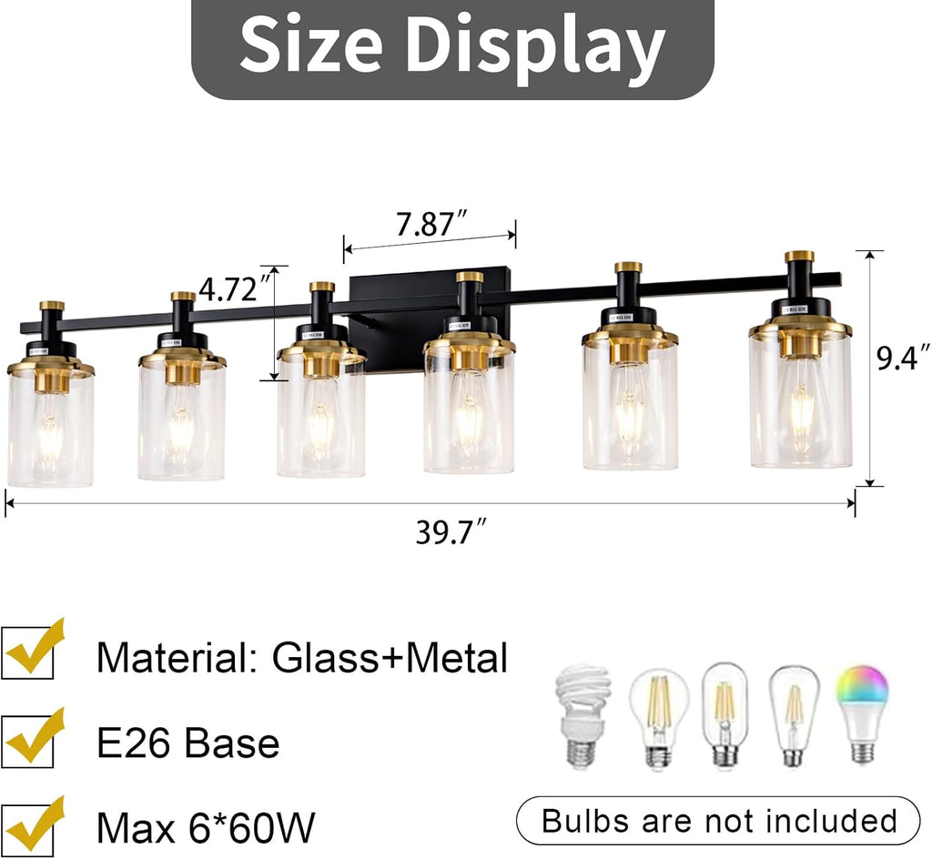6 Bathroom Vanity Lights, Black and Gold Bathroom Light Fixtures, Sconces Wall Lighting with Clear Glass Shade, Modern Brushed Gold Vanity Lighting Fixtures for Bathroom, Bedroom, Hallway