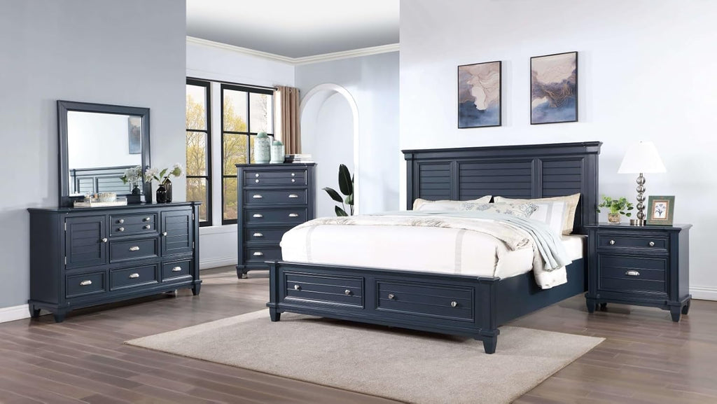 MASARA 4-Piece Queen Bedroom Set in Slate Blue, Panel Storage Bed