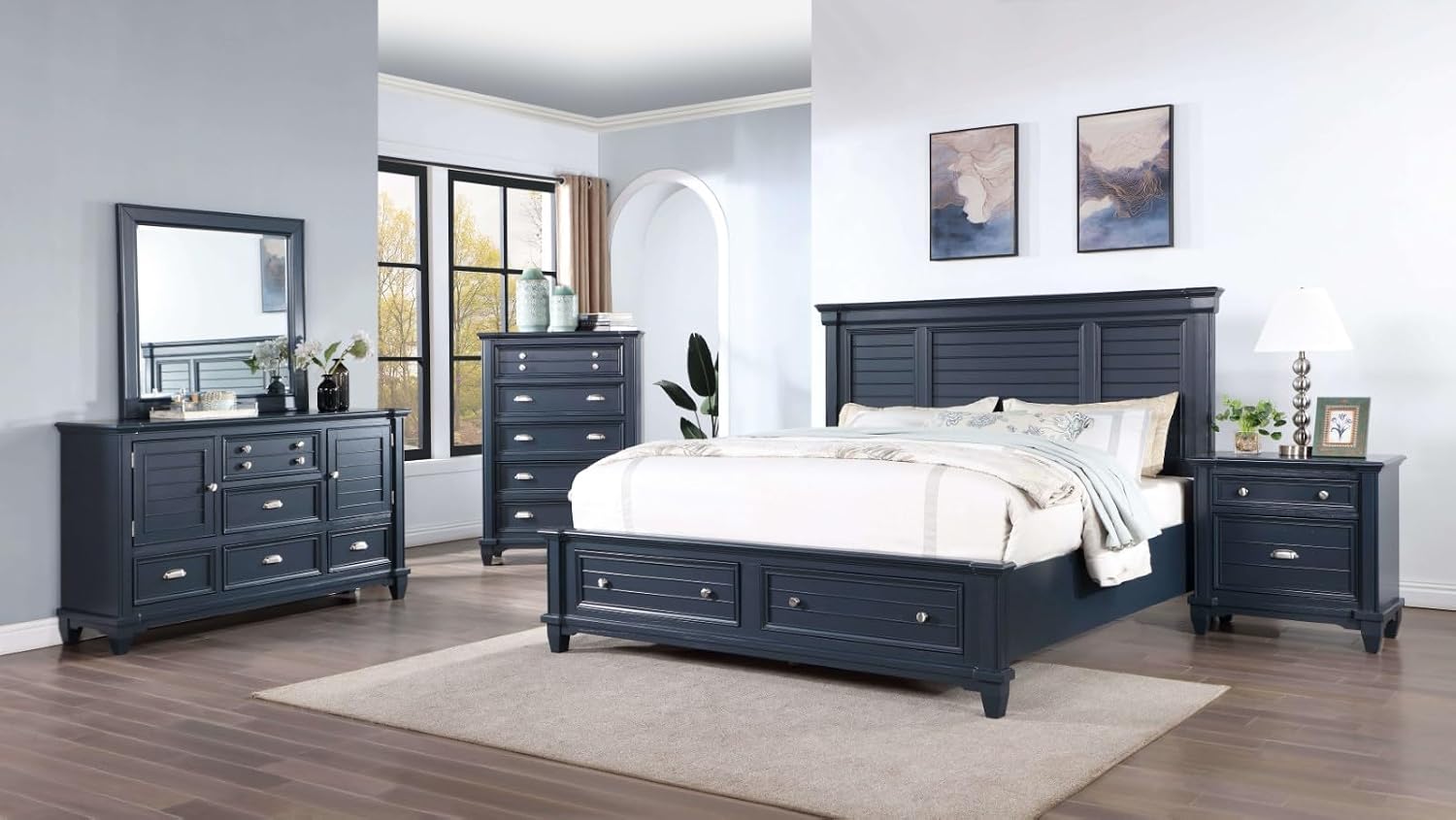 MASARA 4-Piece Queen Bedroom Set in Slate Blue, Panel Storage Bed