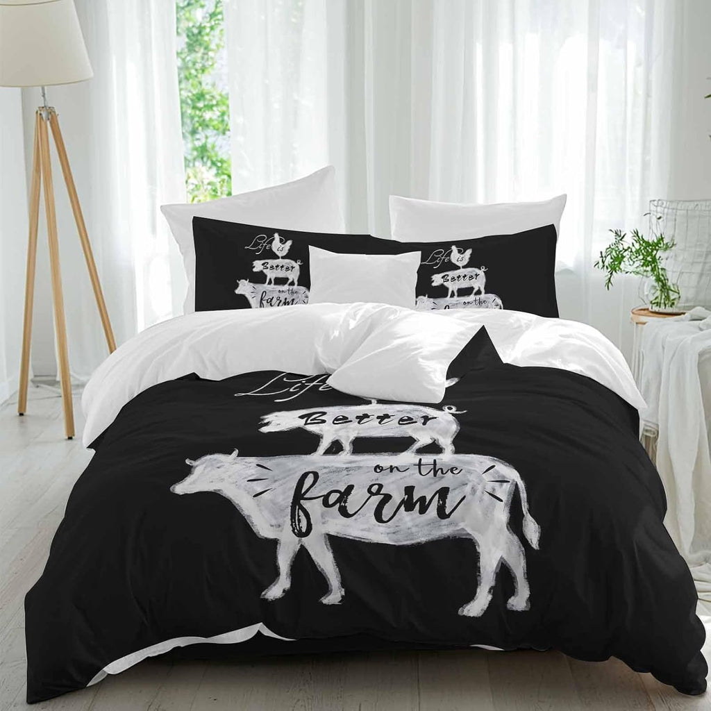 Prime Leader Retro Farm Duvet Cover Set Queen Size 4 Pieces Chicken Pig Cow Farmhouse Animal Black White Bedding Set with Zipper Closure, 1 Comforter Cover 92x106 Inches 1 Flat Sheet & 2 Pillow Cases