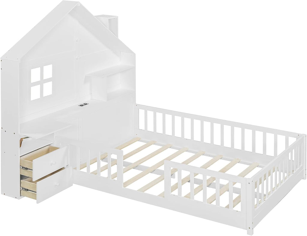Full Floor House Bed for Kids, Wood Montessori Floor Bed with Rails, Window and Bedside Drawers, Kids Full Platform Bed with Shelves and a Set of Sockets and USB Port (Full,White)