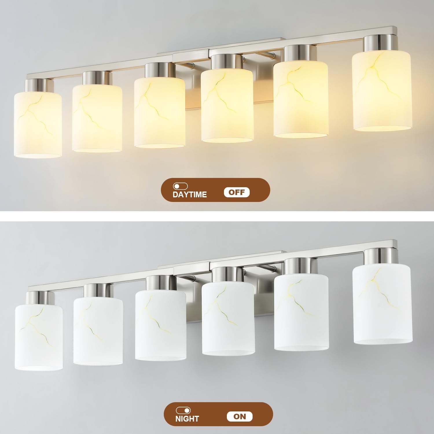 6-Light Bathroom Light Fixtures, Modern Vanity Lights, Brushed Nickel Metal Wall Lamp with White Marble Glass for Bathroom, Mirror, Living Room, Bedroom, Cabinet, Porch, Hallway, E26 Base