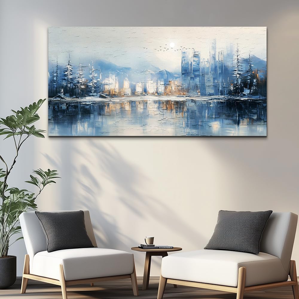 QIYILEXWART Canvas Wall Art For Living Room Large Wall Decor For Office Bedroom Decorations The Blue Lake Pictures Stretched And Framed Watercolour Abstract Painting Artwork Room Ready To Hang