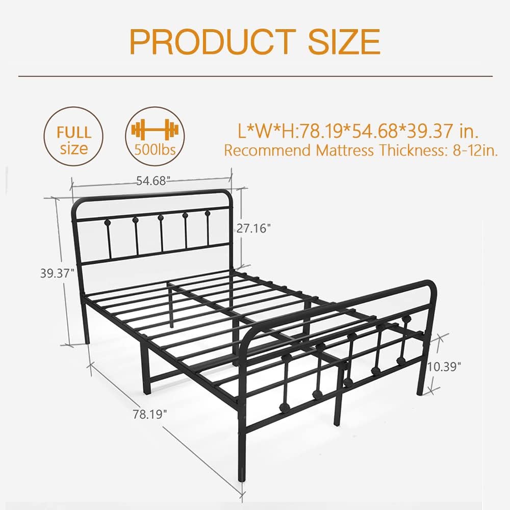 Full Size Metal Bed Frame with Vintage Headboard and Footboard, Premium Stable Steel Slat Support Mattress Foundation, No Box Spring Needed and Easy Assembly, Black (Full).