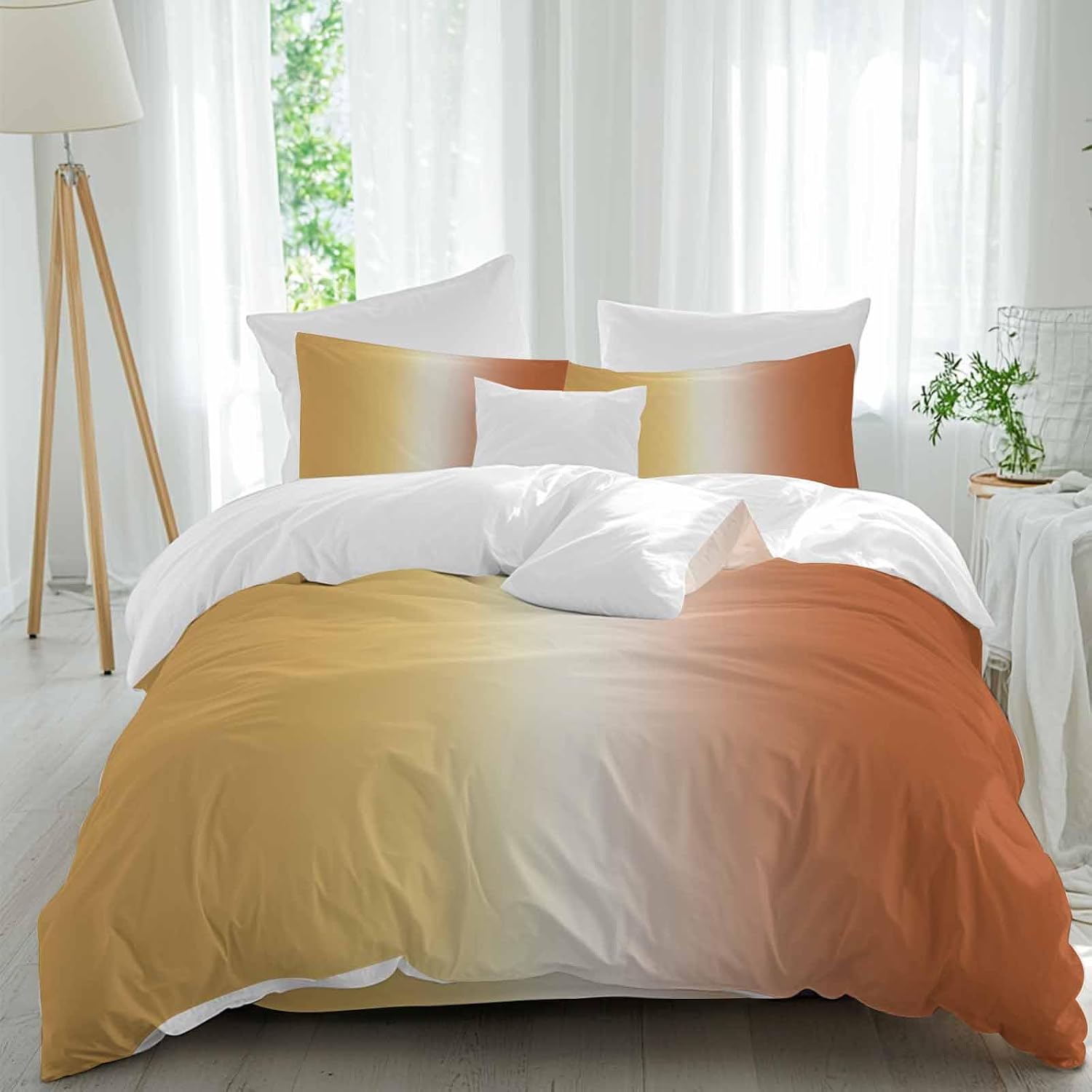 Gradient Yellow Orange Duvet Cover Set Queen Size 4 Pieces Modern Abstract Minimalist Ocean Beach Bedding Set with Zipper Closure, 1 Comforter Cover 90x92 Inches 1 Flat Sheet & 2 Pillow Cases